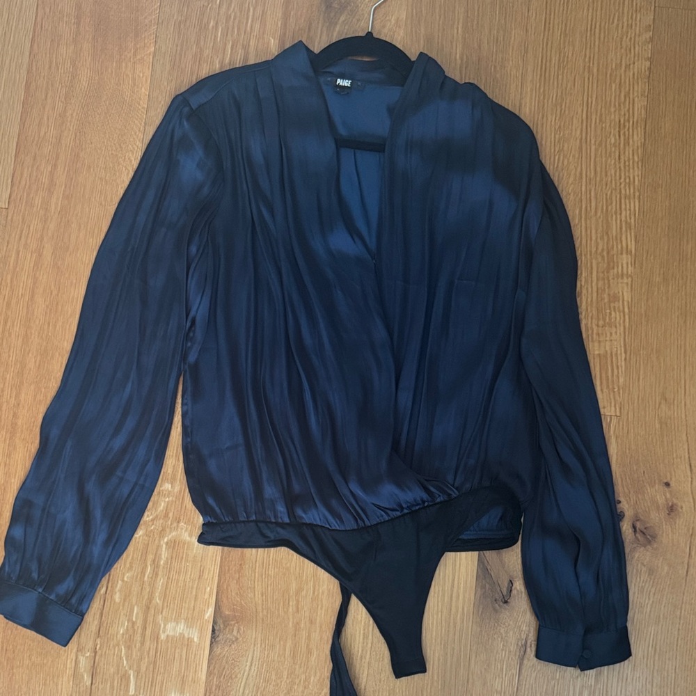 Paige navy Long Sleeve thong Bodysuit